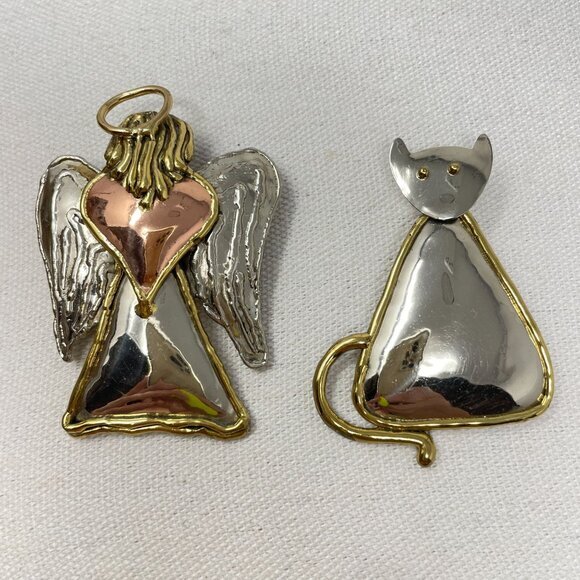 Mixed Metals Brooch Set of 2 Angel Cat‎ Abstract Artsy  Pendant Hook - Picture 1 of 9